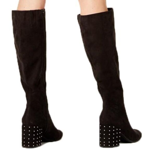 Black Micro Suede Wrap Rivets Block Heel Calf Tall Knee Boots NEW - Picture 1 of 4